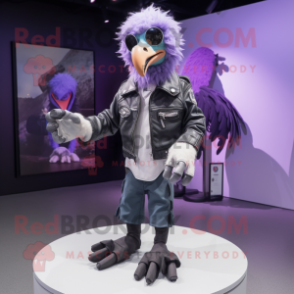 Lavender Vulture mascot costume character dressed with a Biker Jacket and Wallets