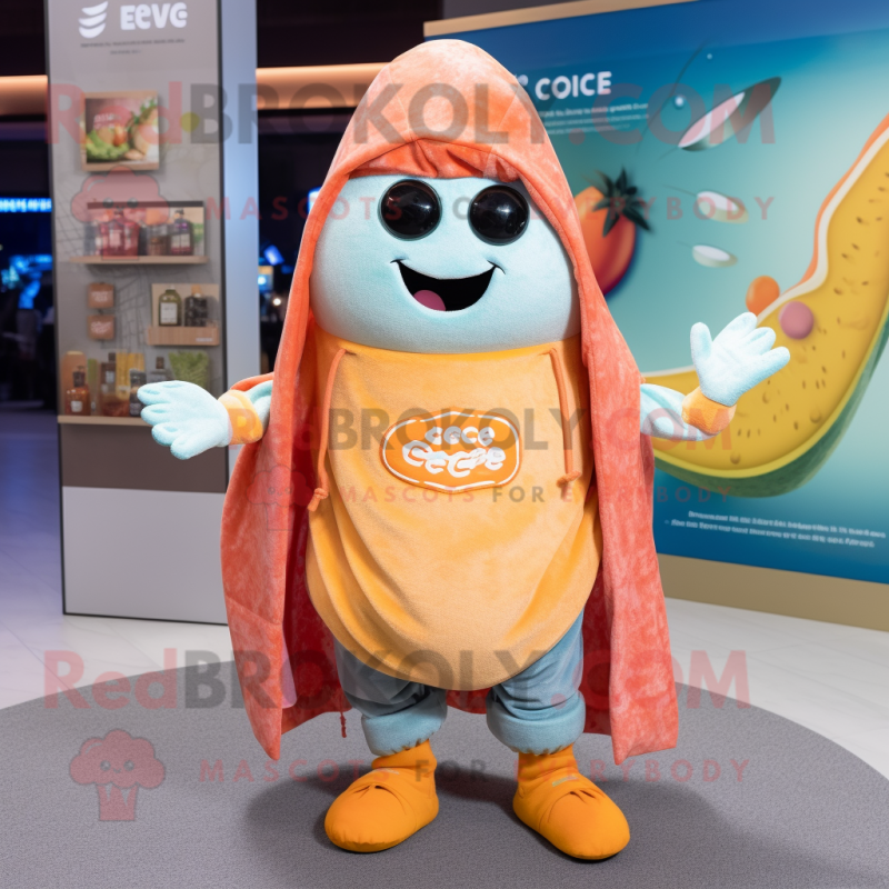 Peach Ceviche mascot costume character dressed with a Jeans and Shawl pins