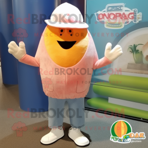 Peach Ceviche mascot costume character dressed with a Jeans and Shawl pins