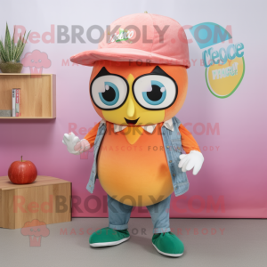 Peach Ceviche mascot costume character dressed with a Jeans and Shawl pins
