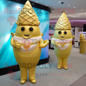 Gold Ice Cream Cone mascot costume character dressed with a Bikini and Coin purses