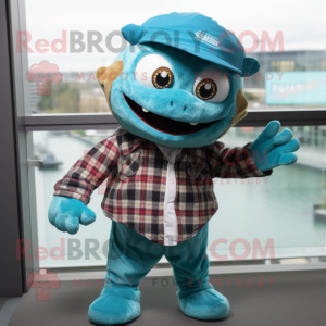 Teal Piranha mascot costume character dressed with a Flannel Shirt and Berets