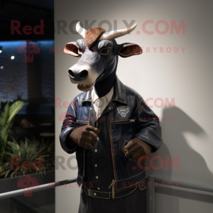 Navy Okapi mascot costume character dressed with a Leather Jacket and Shawl pins