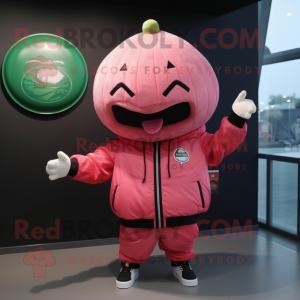 Pink Watermelon mascot costume character dressed with a Bomber Jacket and Hats