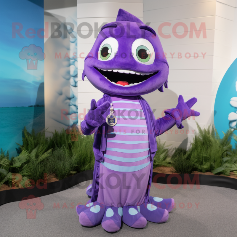 Purple Barracuda mascot costume character dressed with a A-Line Dress and Keychains