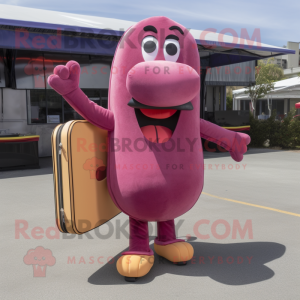 Magenta Hot Dog mascot costume character dressed with a Corduroy Pants and Briefcases