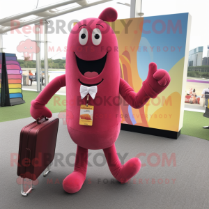 Magenta Hot Dog mascot costume character dressed with a Corduroy Pants and Briefcases