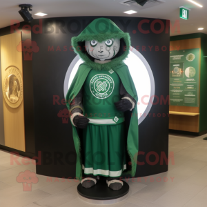 Forest Green Celtic Shield mascot costume character dressed with a Hoodie and Scarves