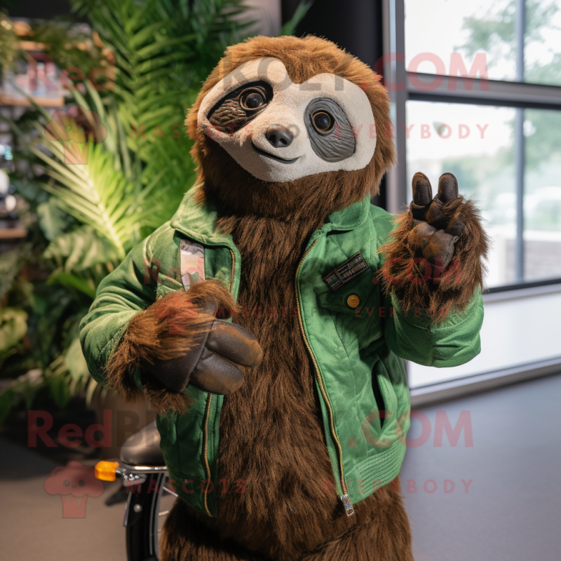 Forest Green Sloth mascot costume character dressed with a Moto Jacket and Bracelets