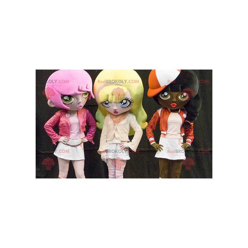 3 Maskottchen von Cartoon-Mädchen mit gefärbten Haaren -