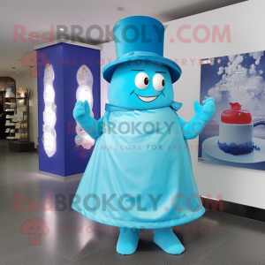 Cyan Candy Box mascot costume character dressed with a Wrap Skirt and Hat pins