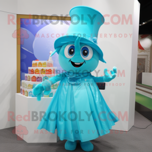 Cyan Candy Box mascot costume character dressed with a Wrap Skirt and Hat pins