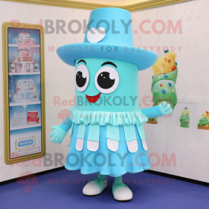 Cyan Candy Box mascot costume character dressed with a Wrap Skirt and Hat pins