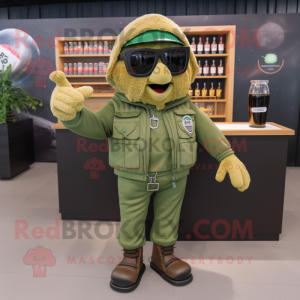 Olive Green Beer mascot costume character dressed with a Cargo Pants and Sunglasses