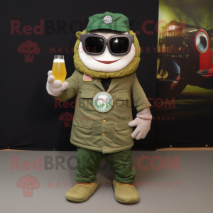 Olive Green Beer mascot costume character dressed with a Cargo Pants and Sunglasses