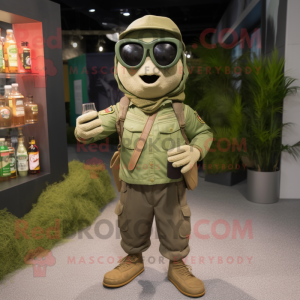 Olive Green Beer mascot costume character dressed with a Cargo Pants and Sunglasses