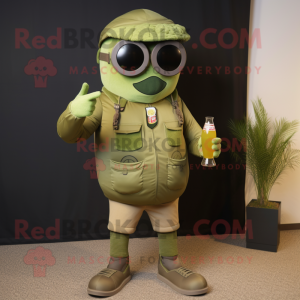 Olive Green Beer mascot costume character dressed with a Cargo Pants and Sunglasses