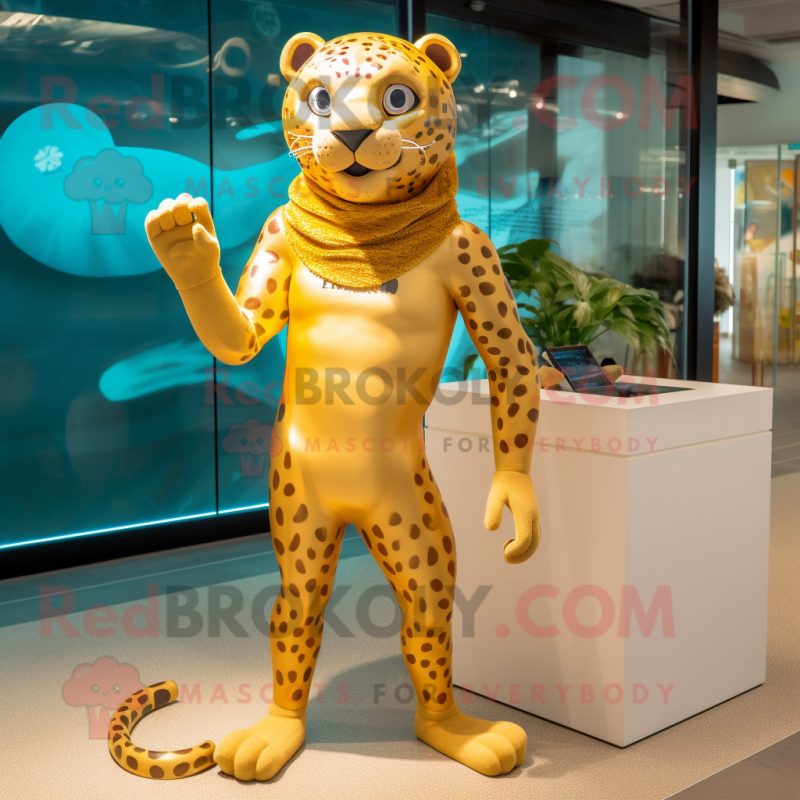 Gold Jaguar mascot costume character dressed with a Swimwear and Shoe laces