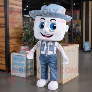 White Candy Box mascot costume character dressed with a Denim Shirt and Headbands