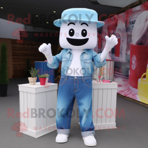 White Candy Box mascot costume character dressed with a Denim Shirt and Headbands