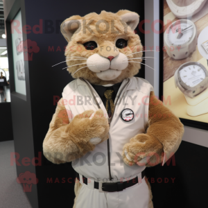 Cream Jaguarundi mascot costume character dressed with a Waistcoat and Digital watches