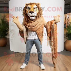 Tan Saber-Toothed Tiger mascot costume character dressed with a Boyfriend Jeans and Shawl pins