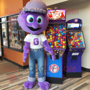 Purple Gumball Machine mascot costume character dressed with a Boyfriend Jeans and Earrings