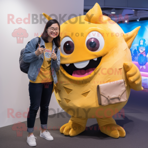 Gold Tuna mascot costume character dressed with a Boyfriend Jeans and Wallets