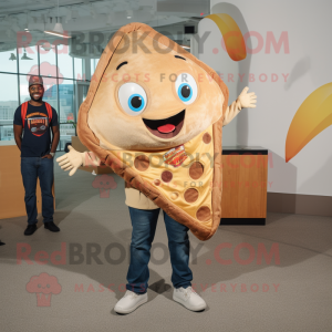 Tan Pizza Slice mascot costume character dressed with a Jeans and Keychains