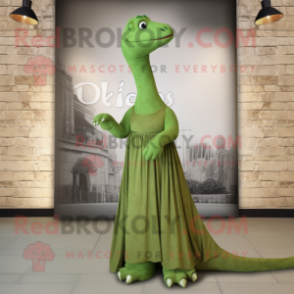 Olive Diplodocus mascot costume character dressed with a Empire Waist Dress and Wraps