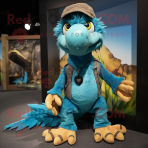 Turquoise Deinonychus mascot costume character dressed with a Cargo Pants and Hair clips