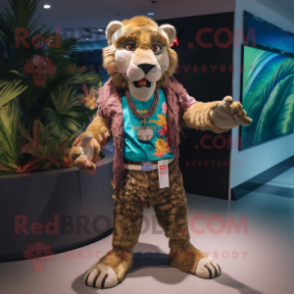 nan Smilodon mascot costume character dressed with a Bermuda Shorts and Rings