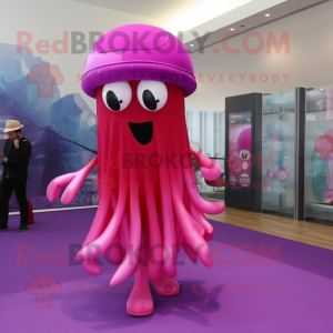 Magenta Jellyfish mascot costume character dressed with a Sheath Dress and Hats