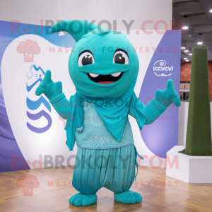Turquoise Ceviche mascot costume character dressed with a Jumpsuit and Shawls
