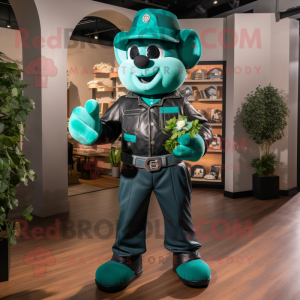 Teal Four Leaf Clover mascot costume character dressed with a Leather Jacket and Suspenders