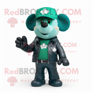 Teal Four Leaf Clover mascot costume character dressed with a Leather Jacket and Suspenders