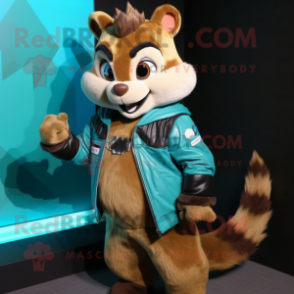 Cyan Chipmunk mascot costume character dressed with a Leather Jacket and Digital watches