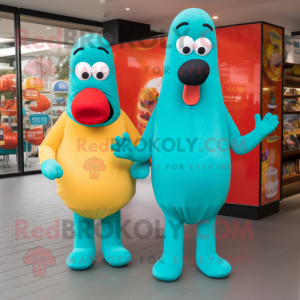 Turquoise Hot Dogs mascot costume character dressed with a Jumpsuit and Clutch bags