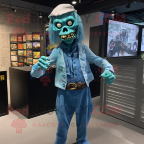 Cyan Undead mascot costume character dressed with a Oxford Shirt and Cummerbunds