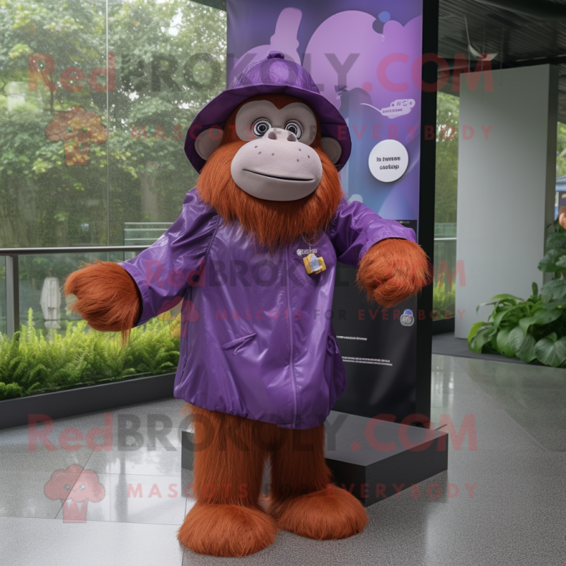 Purple Orangutan mascot costume character dressed with a Raincoat and Berets