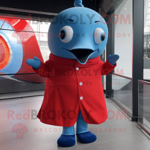 Red Blue Whale mascot costume character dressed with a Coat and Rings