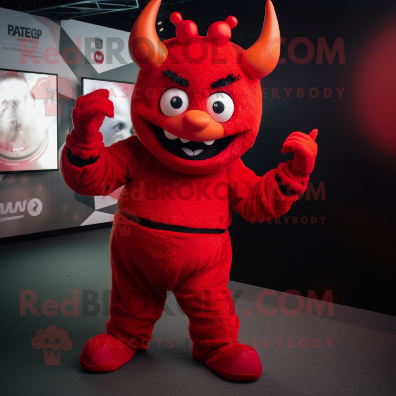 Red Devil mascot costume character dressed with a Playsuit and Headbands