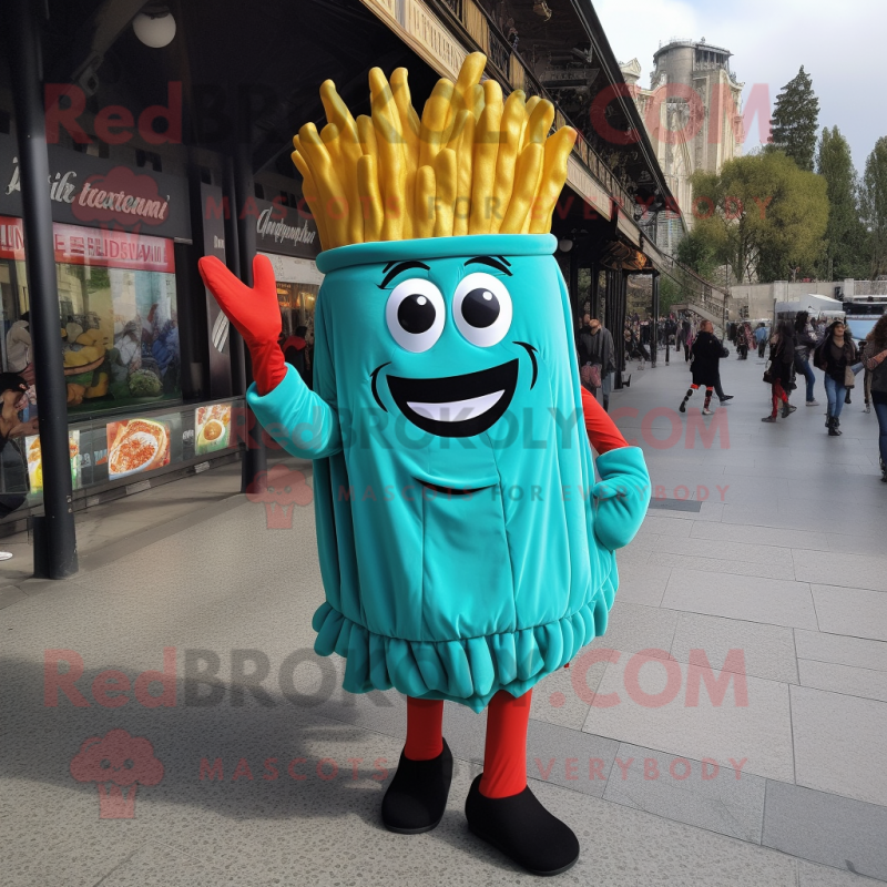 Turquoise French Fries mascot costume character dressed with a Mini Skirt and Necklaces