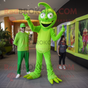 Lime Green Stilt Walker mascot costume character dressed with a Long Sleeve Tee and Watches