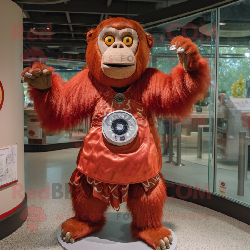 Red Orangutan mascot costume character dressed with a Circle Skirt and Earrings