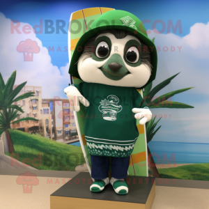 Forest Green Ceviche mascot costume character dressed with a Board Shorts and Brooches