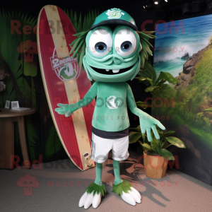 Forest Green Ceviche mascot costume character dressed with a Board Shorts and Brooches