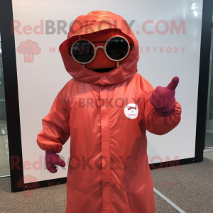 Rust Raspberry mascot costume character dressed with a Raincoat and Sunglasses