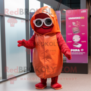 Rust Raspberry mascot costume character dressed with a Raincoat and Sunglasses