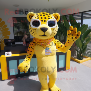 Yellow Jaguar mascot costume character dressed with a Bikini and Gloves